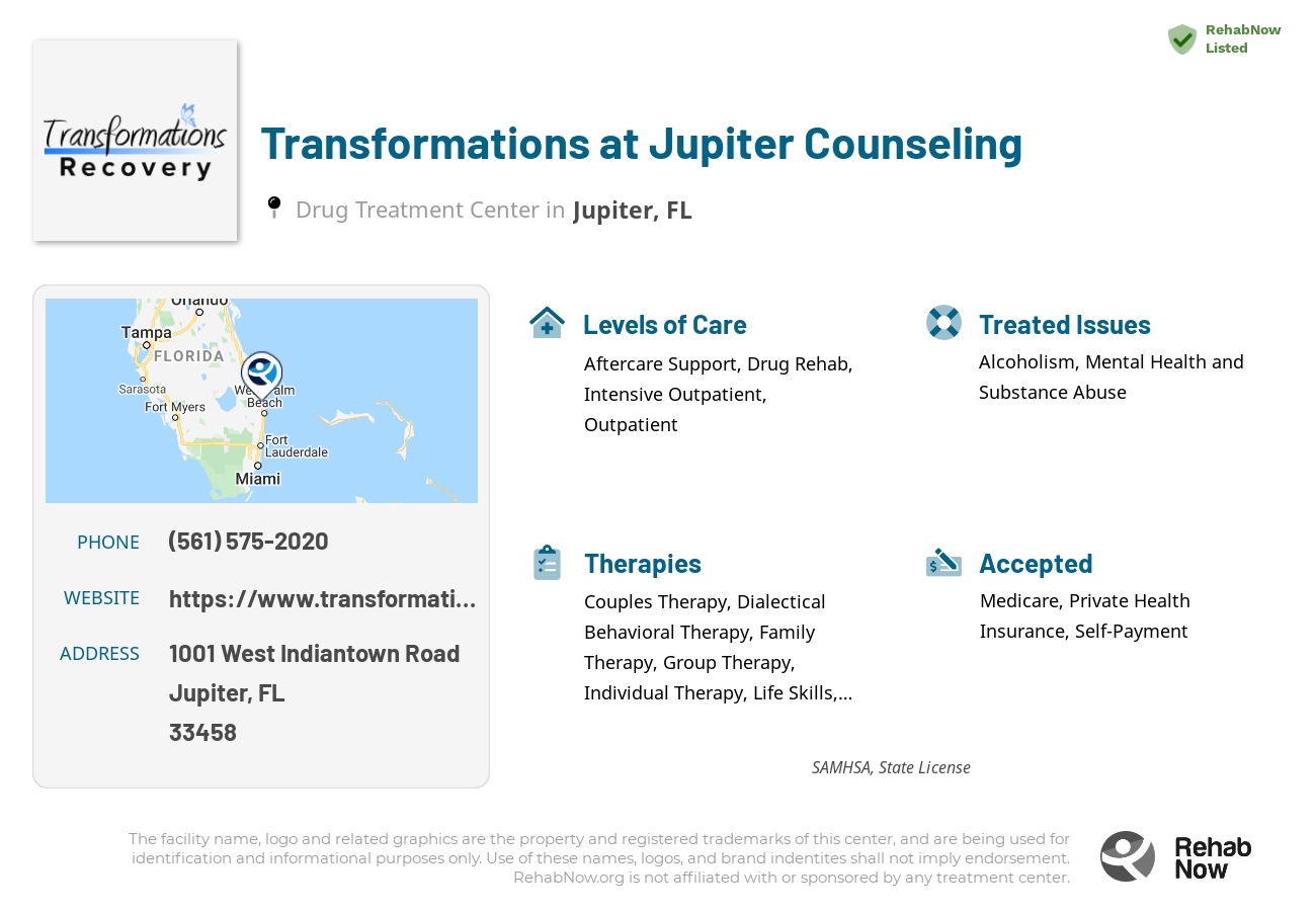 Helpful reference information for Transformations at Jupiter Counseling, a drug treatment center in Florida located at: 1001 West Indiantown Road, Jupiter, FL, 33458, including phone numbers, official website, and more. Listed briefly is an overview of Levels of Care, Therapies Offered, Issues Treated, and accepted forms of Payment Methods.