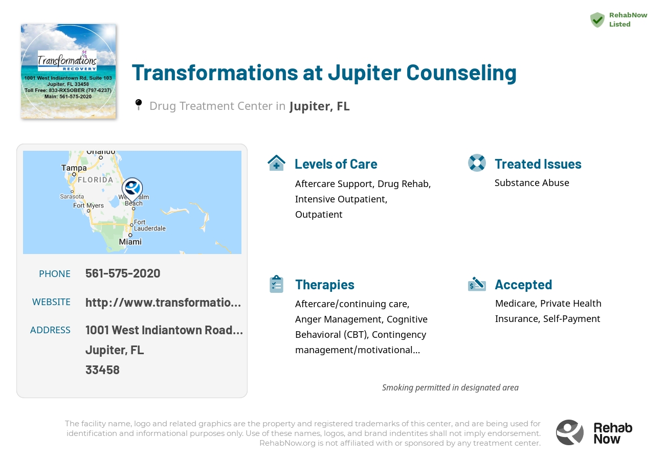 Helpful reference information for Transformations at Jupiter Counseling, a drug treatment center in Florida located at: 1001 West Indiantown Road Suite 103, Jupiter, FL 33458, including phone numbers, official website, and more. Listed briefly is an overview of Levels of Care, Therapies Offered, Issues Treated, and accepted forms of Payment Methods.