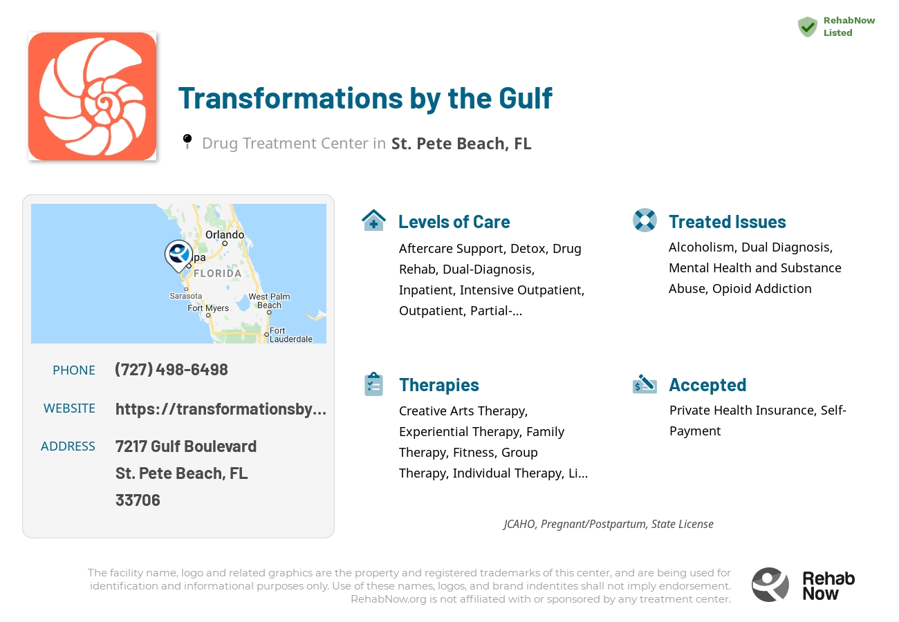 Helpful reference information for Transformations by the Gulf, a drug treatment center in Florida located at: 7217 Gulf Boulevard, St. Pete Beach, FL, 33706, including phone numbers, official website, and more. Listed briefly is an overview of Levels of Care, Therapies Offered, Issues Treated, and accepted forms of Payment Methods.