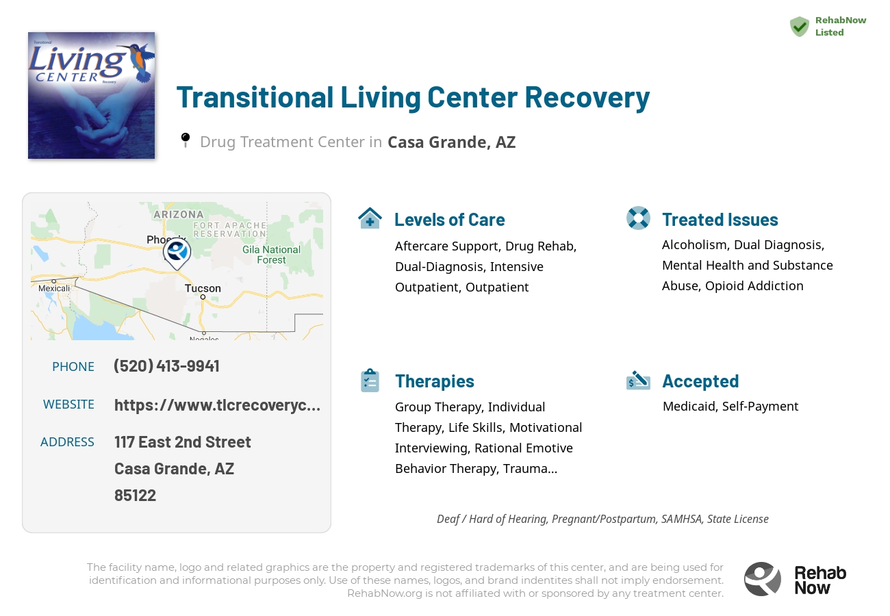 Helpful reference information for Transitional Living Center Recovery, a drug treatment center in Arizona located at: 117 East 2nd Street, Casa Grande, AZ, 85122, including phone numbers, official website, and more. Listed briefly is an overview of Levels of Care, Therapies Offered, Issues Treated, and accepted forms of Payment Methods.