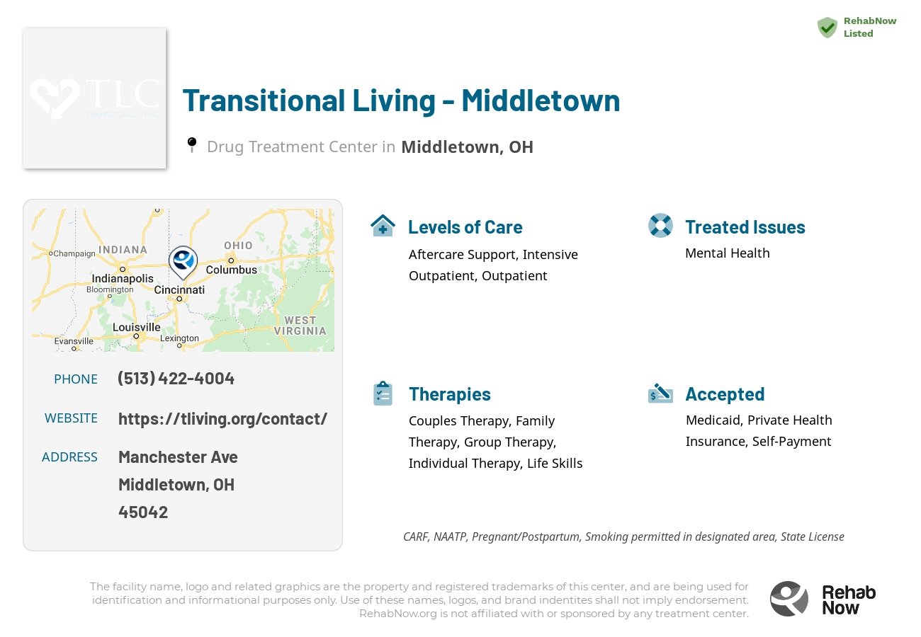 Helpful reference information for Transitional Living - Middletown, a drug treatment center in Ohio located at: Manchester Ave, Middletown, OH 45042, including phone numbers, official website, and more. Listed briefly is an overview of Levels of Care, Therapies Offered, Issues Treated, and accepted forms of Payment Methods.