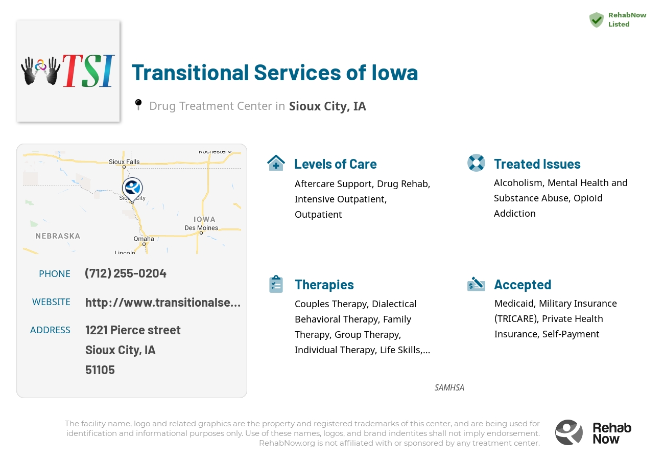 Helpful reference information for Transitional Services of Iowa, a drug treatment center in Iowa located at: 1221 Pierce street, Sioux City, IA, 51105, including phone numbers, official website, and more. Listed briefly is an overview of Levels of Care, Therapies Offered, Issues Treated, and accepted forms of Payment Methods.