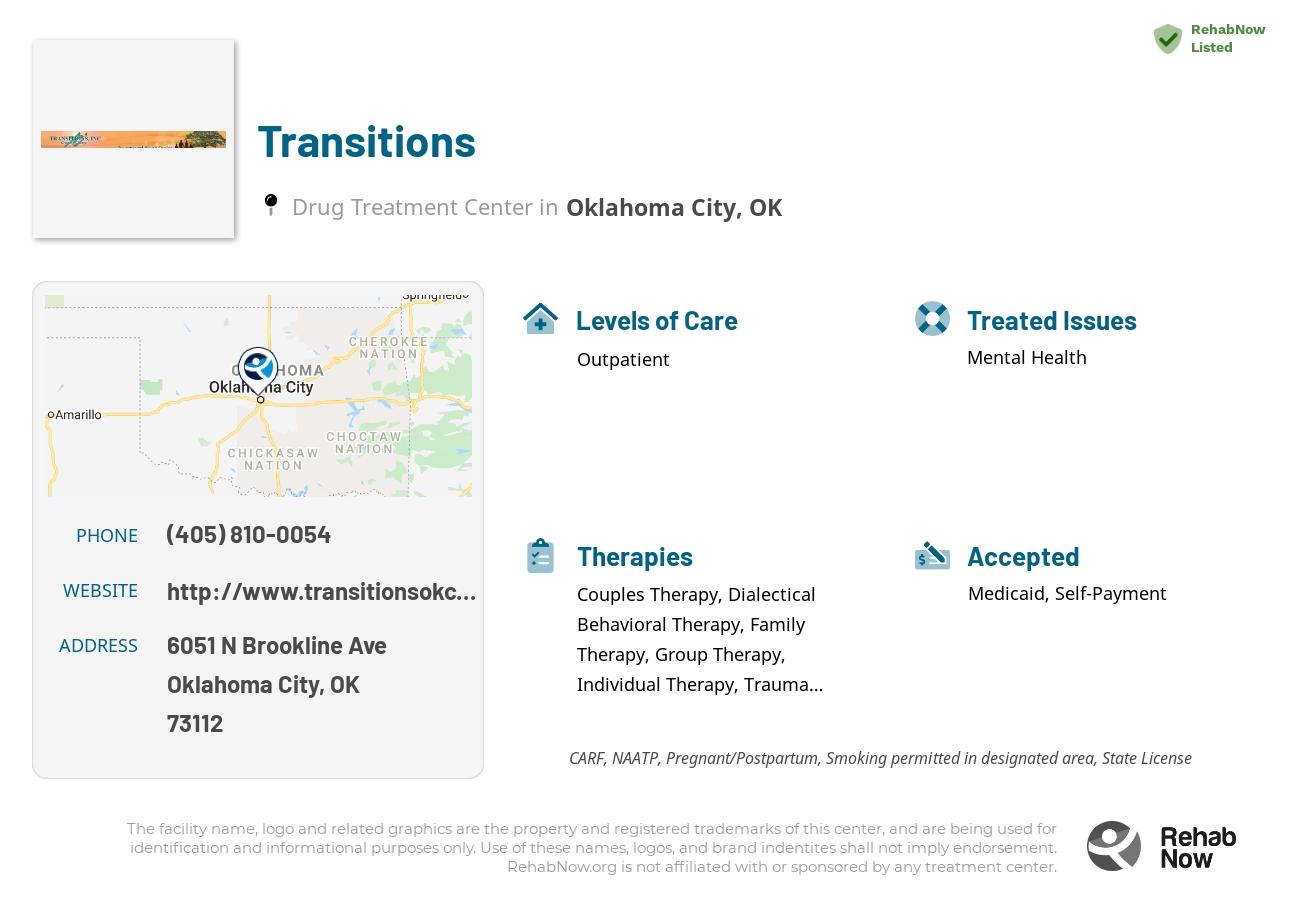 Helpful reference information for Transitions, a drug treatment center in Oklahoma located at: 6051 N Brookline Ave, Oklahoma City, OK 73112, including phone numbers, official website, and more. Listed briefly is an overview of Levels of Care, Therapies Offered, Issues Treated, and accepted forms of Payment Methods.