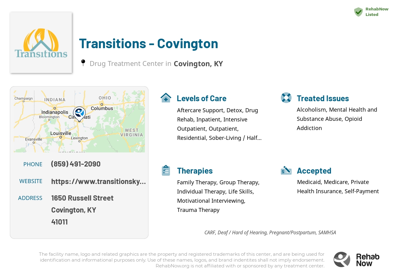 Helpful reference information for Transitions - Covington, a drug treatment center in Kentucky located at: 1650 Russell Street, Covington, KY, 41011, including phone numbers, official website, and more. Listed briefly is an overview of Levels of Care, Therapies Offered, Issues Treated, and accepted forms of Payment Methods.