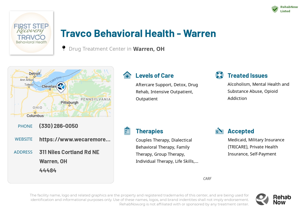 Helpful reference information for Travco Behavioral Health - Warren, a drug treatment center in Ohio located at: 311 Niles Cortland Rd NE, Warren, OH 44484, including phone numbers, official website, and more. Listed briefly is an overview of Levels of Care, Therapies Offered, Issues Treated, and accepted forms of Payment Methods.