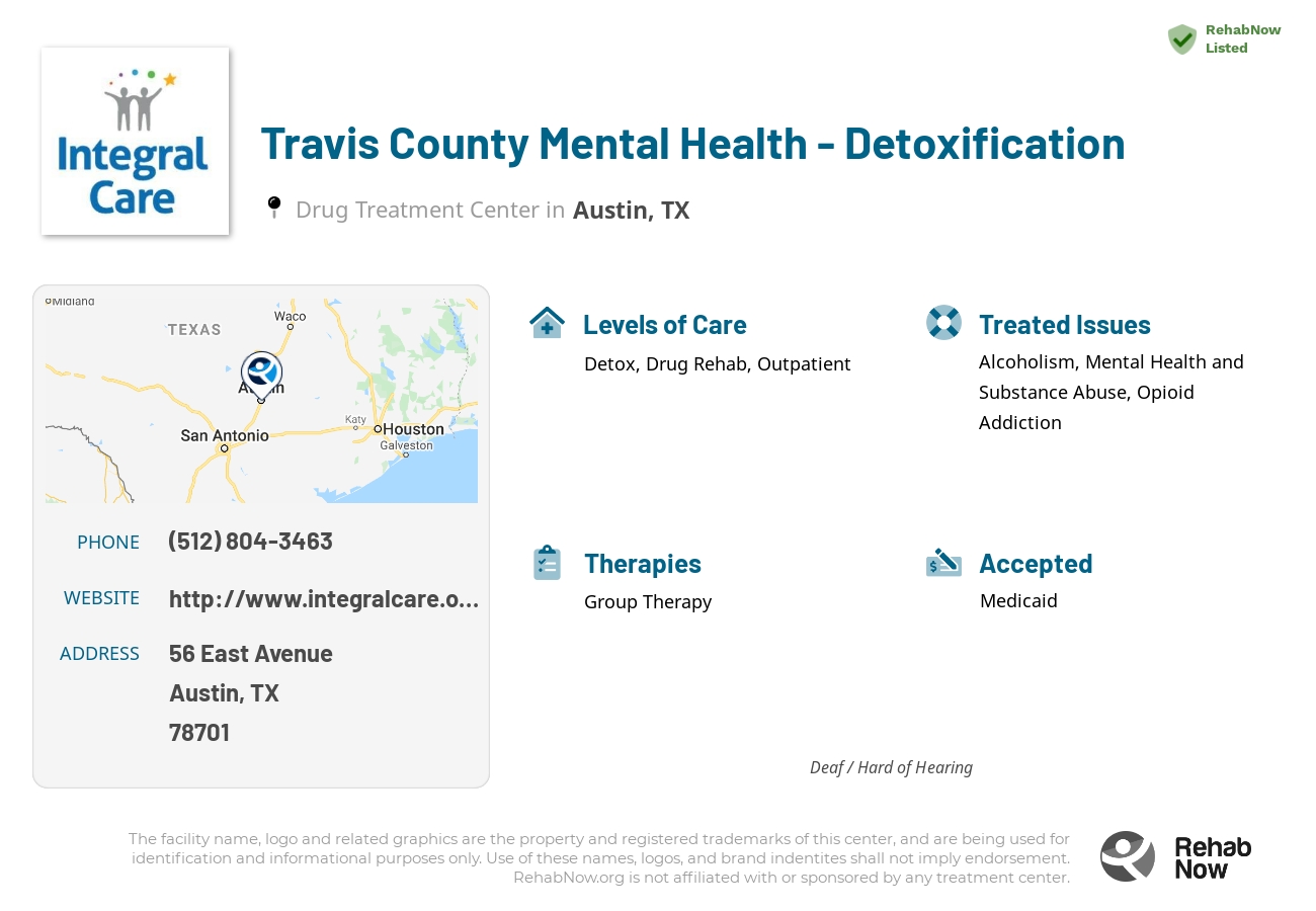 Helpful reference information for Travis County Mental Health - Detoxification, a drug treatment center in Texas located at: 56 East Avenue, Austin, TX, 78701, including phone numbers, official website, and more. Listed briefly is an overview of Levels of Care, Therapies Offered, Issues Treated, and accepted forms of Payment Methods.