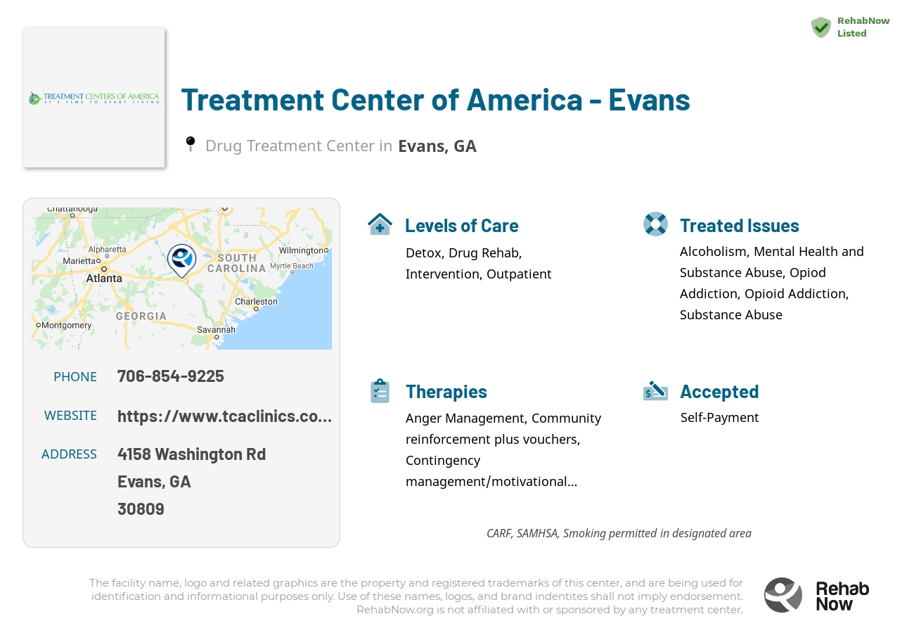 Helpful reference information for Treatment Center of America - Evans, a drug treatment center in Georgia located at: 4158 Washington Rd, Evans, GA 30809, including phone numbers, official website, and more. Listed briefly is an overview of Levels of Care, Therapies Offered, Issues Treated, and accepted forms of Payment Methods.