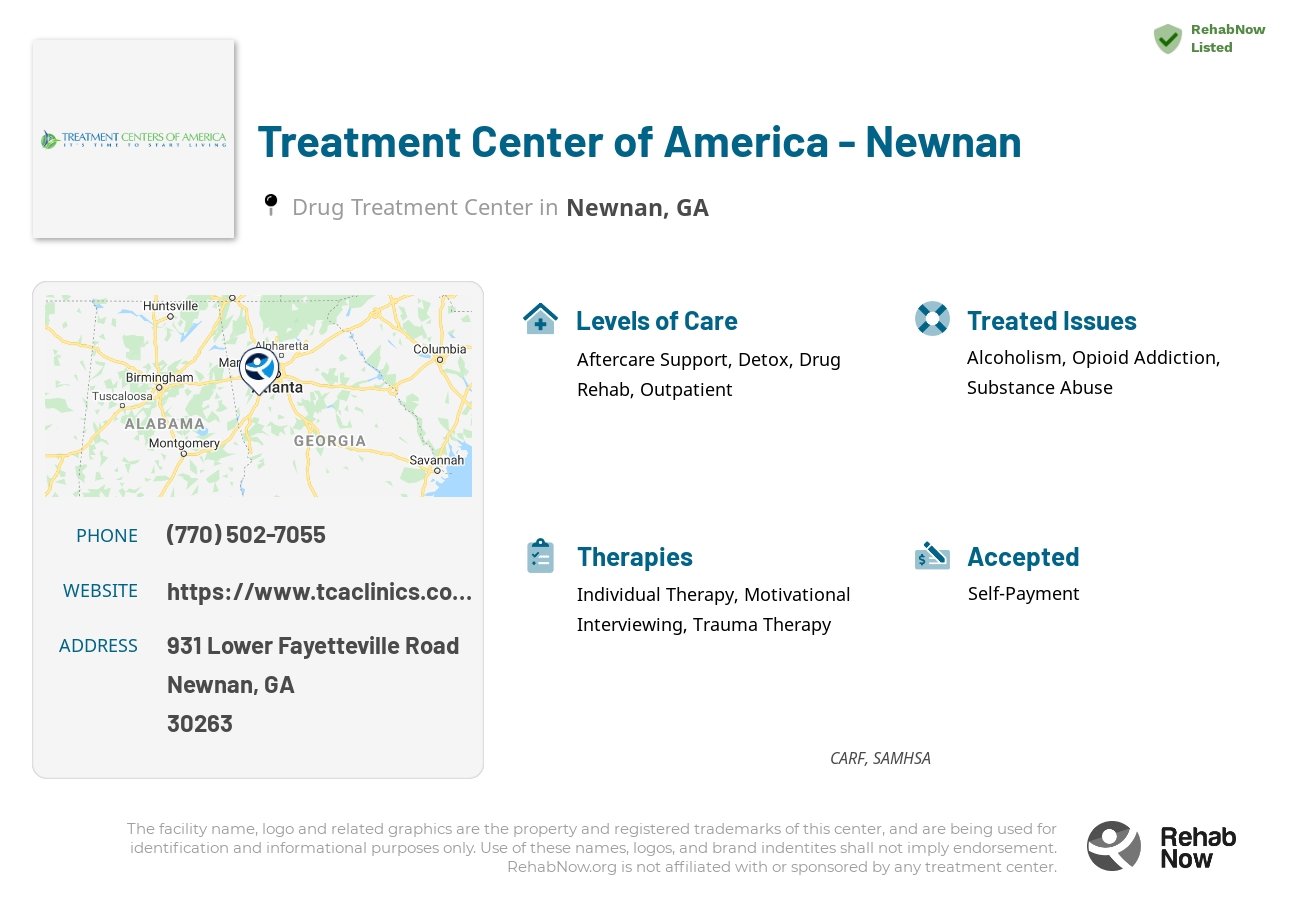 Helpful reference information for Treatment Center of America - Newnan, a drug treatment center in Georgia located at: 931 931 Lower Fayetteville Road, Newnan, GA 30263, including phone numbers, official website, and more. Listed briefly is an overview of Levels of Care, Therapies Offered, Issues Treated, and accepted forms of Payment Methods.