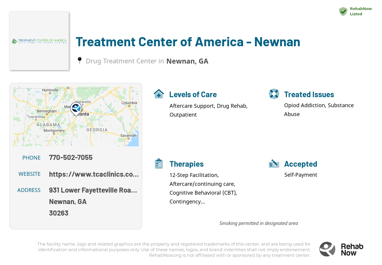 Helpful reference information for Treatment Center of America - Newnan, a drug treatment center in Georgia located at: 931 Lower Fayetteville Road Suite K, Newnan, GA 30263, including phone numbers, official website, and more. Listed briefly is an overview of Levels of Care, Therapies Offered, Issues Treated, and accepted forms of Payment Methods.