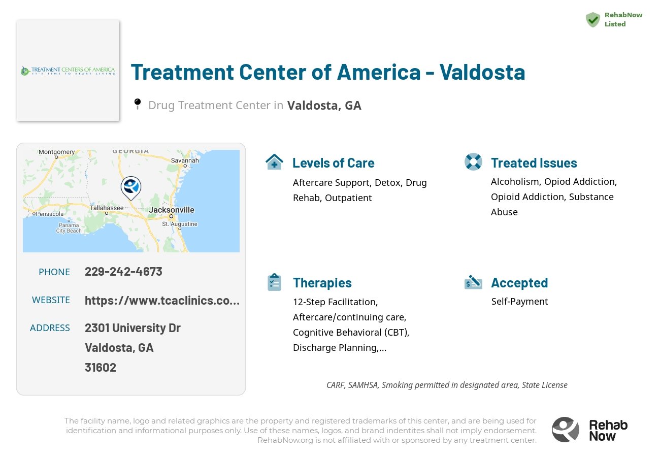 Helpful reference information for Treatment Center of America - Valdosta, a drug treatment center in Georgia located at: 2301 University Dr, Valdosta, GA 31602, including phone numbers, official website, and more. Listed briefly is an overview of Levels of Care, Therapies Offered, Issues Treated, and accepted forms of Payment Methods.