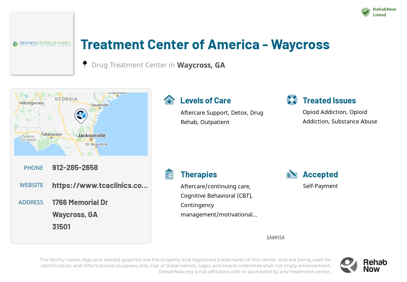 Helpful reference information for Treatment Center of America - Waycross, a drug treatment center in Georgia located at: 1766 Memorial Dr, Waycross, GA 31501, including phone numbers, official website, and more. Listed briefly is an overview of Levels of Care, Therapies Offered, Issues Treated, and accepted forms of Payment Methods.