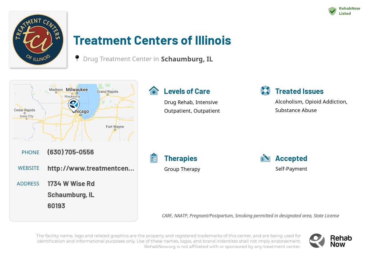 Helpful reference information for Treatment Centers of Illinois, a drug treatment center in Illinois located at: 1734 W Wise Rd, Schaumburg, IL 60193, including phone numbers, official website, and more. Listed briefly is an overview of Levels of Care, Therapies Offered, Issues Treated, and accepted forms of Payment Methods.