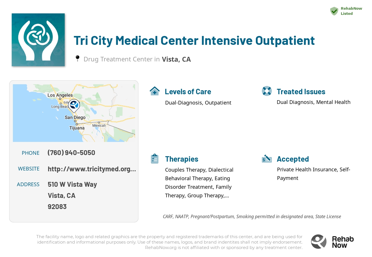 Helpful reference information for Tri City Medical Center Intensive Outpatient, a drug treatment center in California located at: 510 W Vista Way, Vista, CA 92083, including phone numbers, official website, and more. Listed briefly is an overview of Levels of Care, Therapies Offered, Issues Treated, and accepted forms of Payment Methods.
