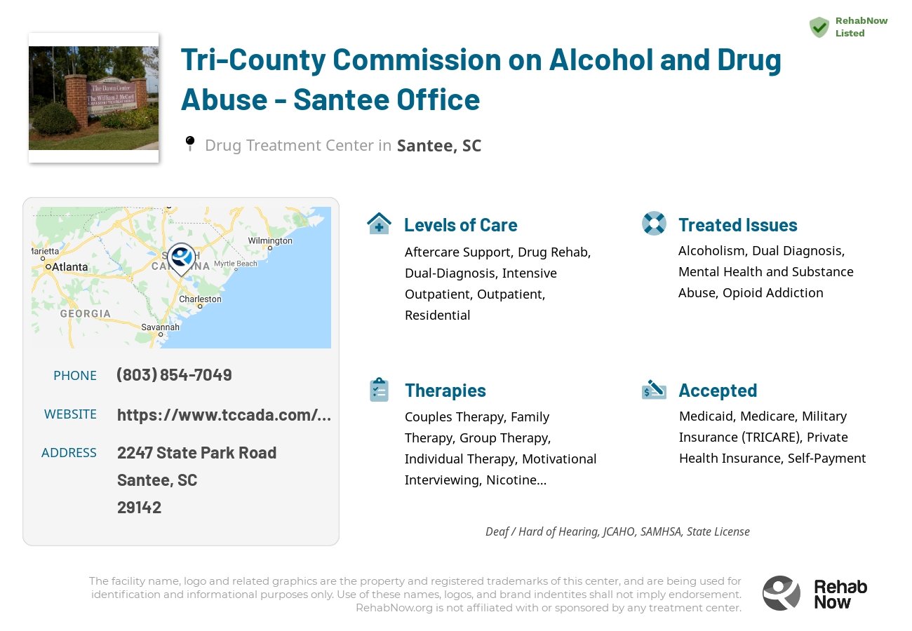 Helpful reference information for Tri-County Commission on Alcohol and Drug Abuse - Santee Office, a drug treatment center in South Carolina located at: 2247 2247 State Park Road, Santee, SC 29142, including phone numbers, official website, and more. Listed briefly is an overview of Levels of Care, Therapies Offered, Issues Treated, and accepted forms of Payment Methods.