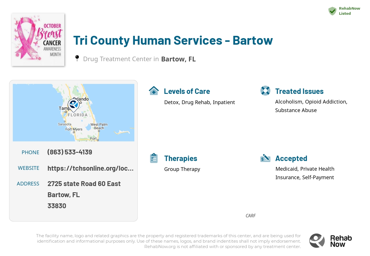 Helpful reference information for Tri County Human Services - Bartow, a drug treatment center in Florida located at: 2725 state Road 60 East, Bartow, FL, 33830, including phone numbers, official website, and more. Listed briefly is an overview of Levels of Care, Therapies Offered, Issues Treated, and accepted forms of Payment Methods.