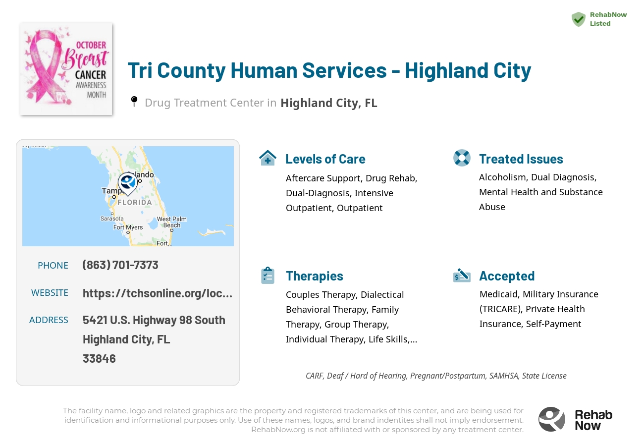 Helpful reference information for Tri County Human Services - Highland City, a drug treatment center in Florida located at: 5421 U.S. Highway 98 South, Highland City, FL, 33846, including phone numbers, official website, and more. Listed briefly is an overview of Levels of Care, Therapies Offered, Issues Treated, and accepted forms of Payment Methods.