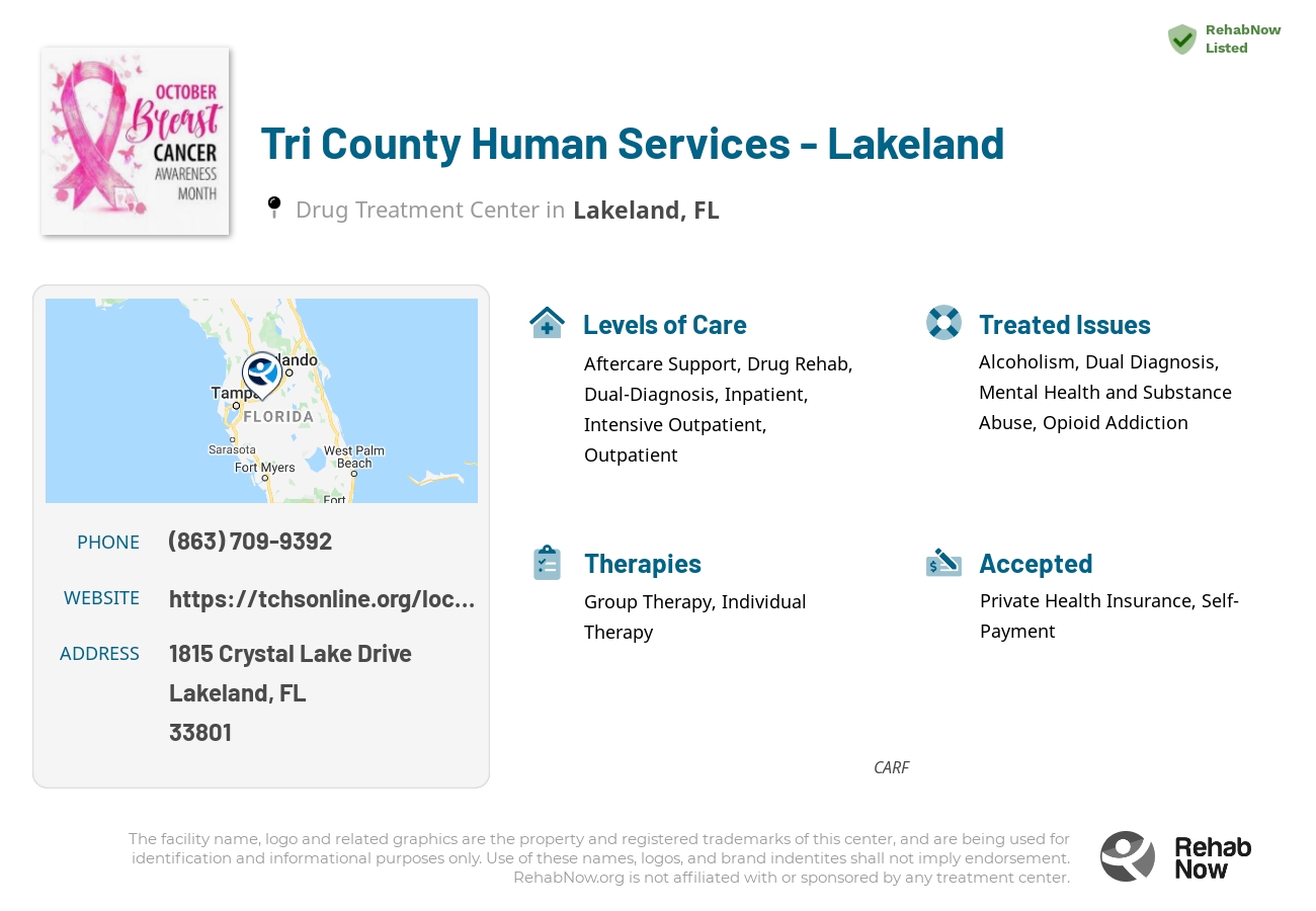 Helpful reference information for Tri County Human Services - Lakeland, a drug treatment center in Florida located at: 1815 Crystal Lake Drive, Lakeland, FL, 33801, including phone numbers, official website, and more. Listed briefly is an overview of Levels of Care, Therapies Offered, Issues Treated, and accepted forms of Payment Methods.
