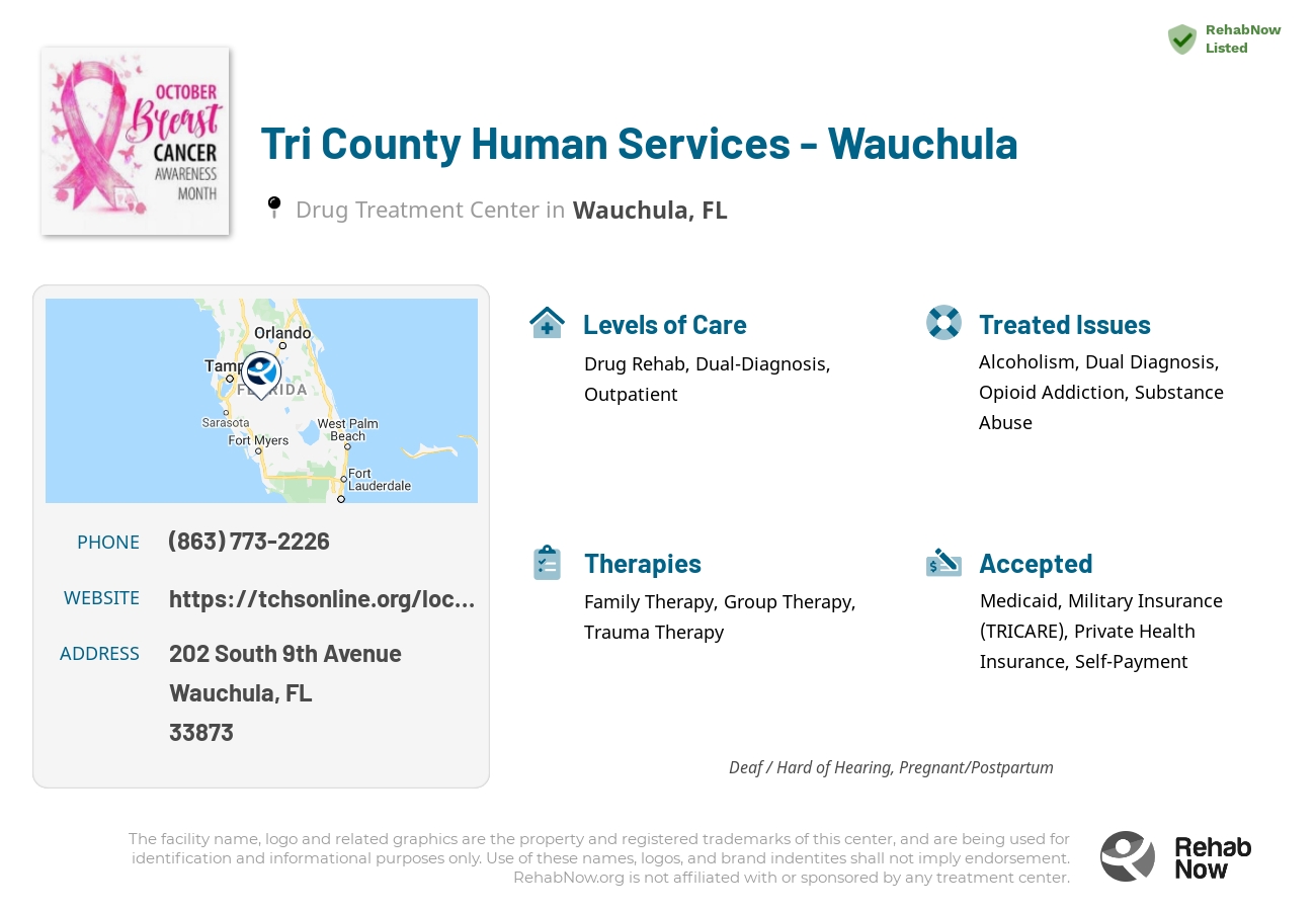Helpful reference information for Tri County Human Services - Wauchula, a drug treatment center in Florida located at: 202 South 9th Avenue, Wauchula, FL, 33873, including phone numbers, official website, and more. Listed briefly is an overview of Levels of Care, Therapies Offered, Issues Treated, and accepted forms of Payment Methods.