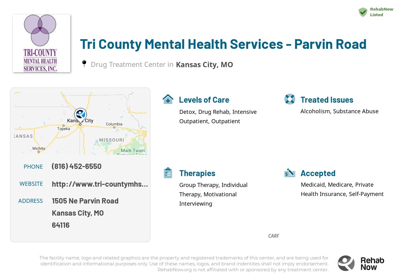 Helpful reference information for Tri County Mental Health Services - Parvin Road, a drug treatment center in Missouri located at: 1505 1505 Ne Parvin Road, Kansas City, MO 64116, including phone numbers, official website, and more. Listed briefly is an overview of Levels of Care, Therapies Offered, Issues Treated, and accepted forms of Payment Methods.