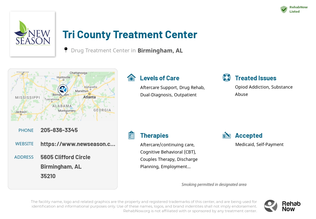 Helpful reference information for Tri County Treatment Center, a drug treatment center in Alabama located at: 5605 Clifford Circle, Birmingham, AL 35210, including phone numbers, official website, and more. Listed briefly is an overview of Levels of Care, Therapies Offered, Issues Treated, and accepted forms of Payment Methods.