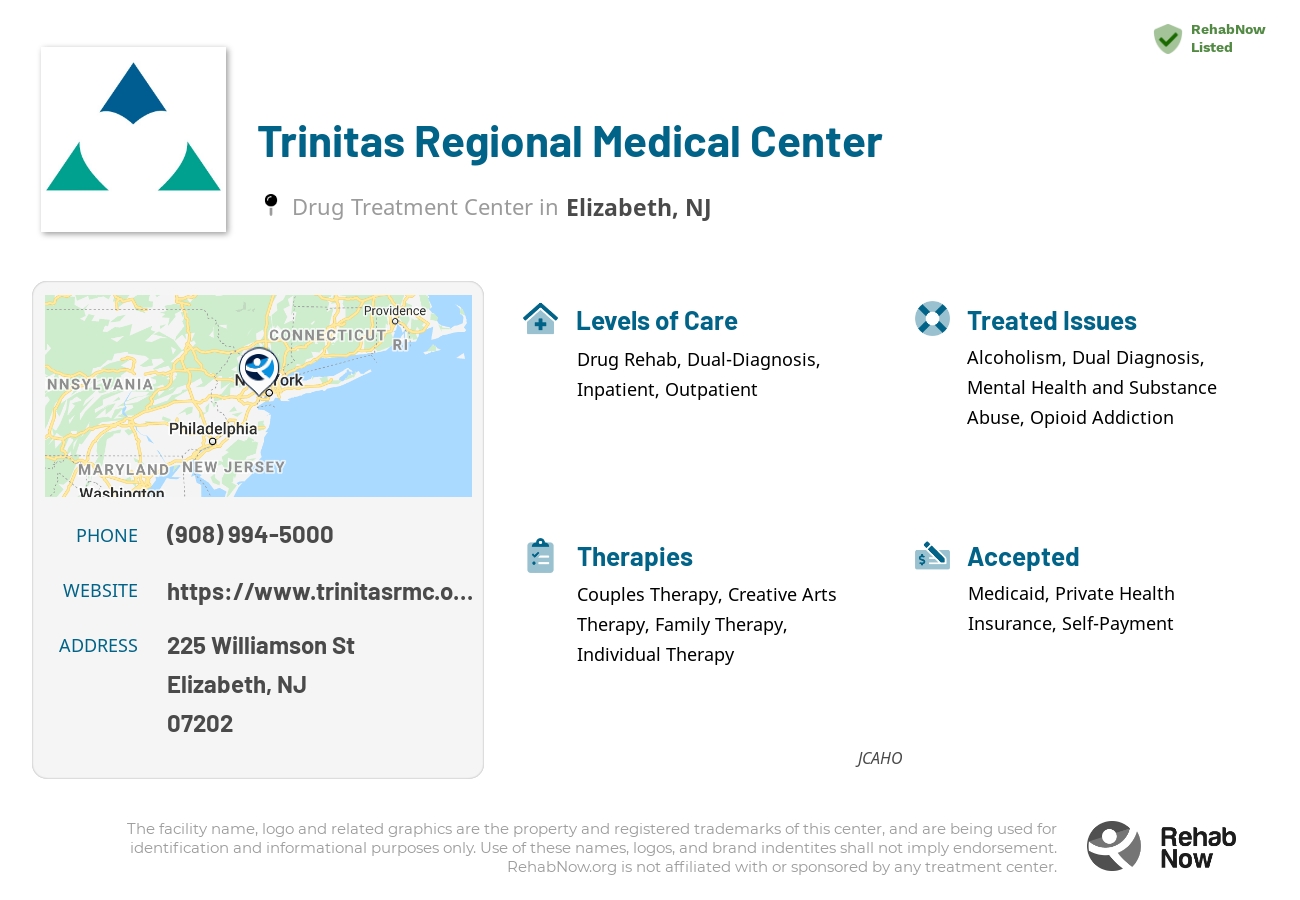 Helpful reference information for Trinitas Regional Medical Center, a drug treatment center in New Jersey located at: 225 Williamson St, Elizabeth, NJ 07202, including phone numbers, official website, and more. Listed briefly is an overview of Levels of Care, Therapies Offered, Issues Treated, and accepted forms of Payment Methods.