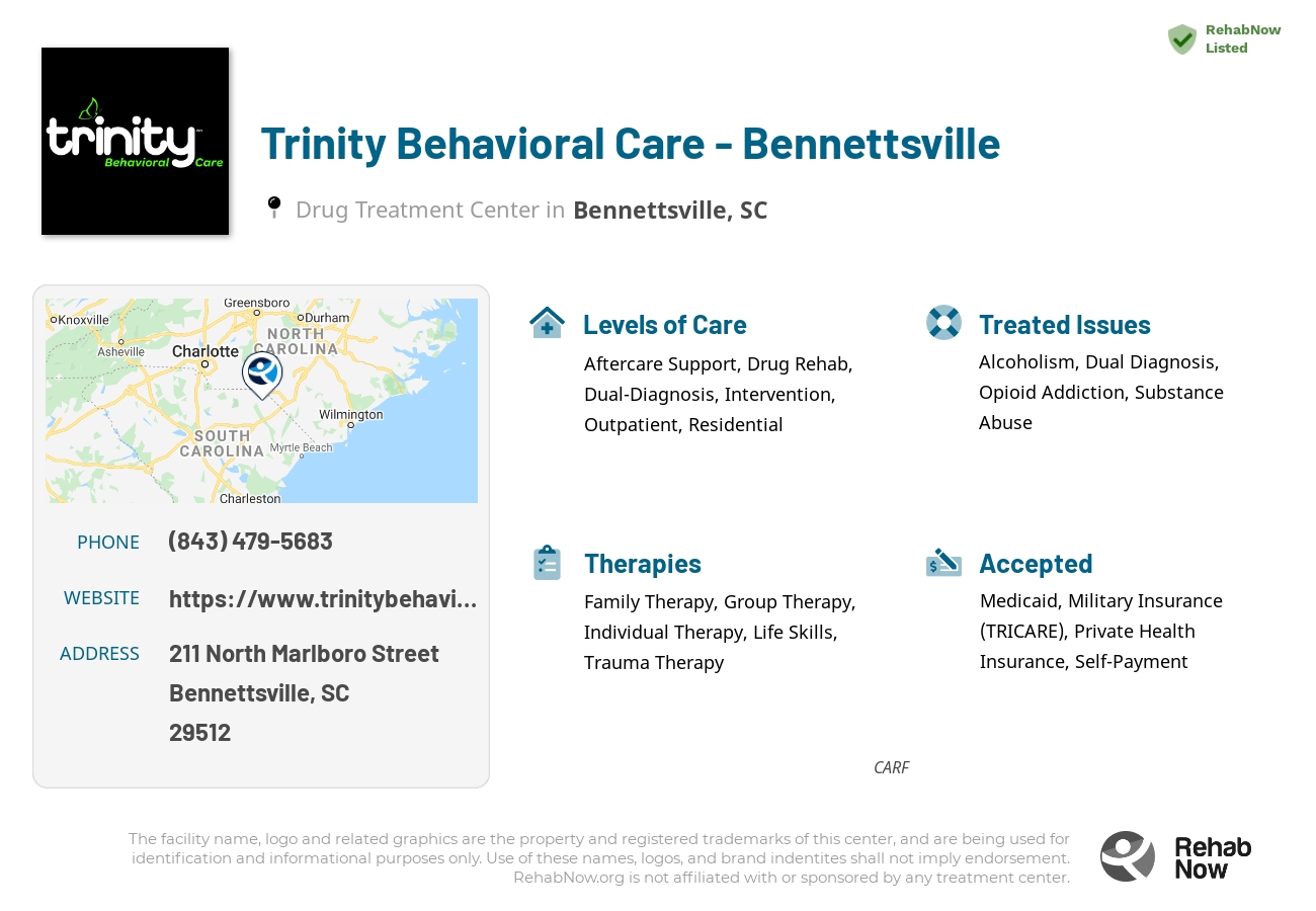 Helpful reference information for Trinity Behavioral Care - Bennettsville, a drug treatment center in South Carolina located at: 211 211 North Marlboro Street, Bennettsville, SC 29512, including phone numbers, official website, and more. Listed briefly is an overview of Levels of Care, Therapies Offered, Issues Treated, and accepted forms of Payment Methods.