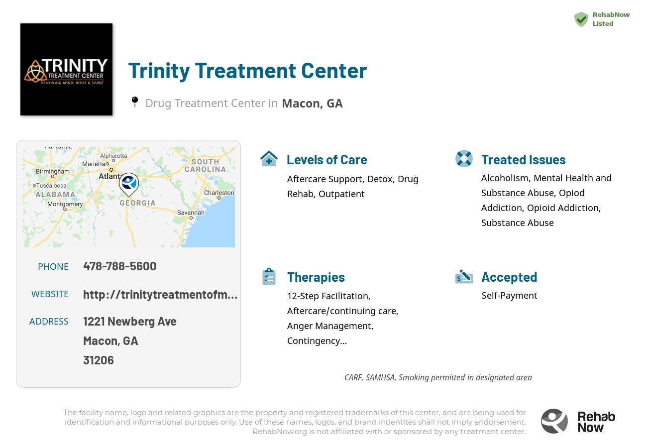 Helpful reference information for Trinity Treatment Center, a drug treatment center in Georgia located at: 1221 Newberg Ave, Macon, GA 31206, including phone numbers, official website, and more. Listed briefly is an overview of Levels of Care, Therapies Offered, Issues Treated, and accepted forms of Payment Methods.