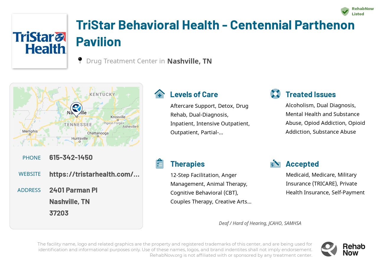 Helpful reference information for TriStar Behavioral Health - Centennial Parthenon Pavilion, a drug treatment center in Tennessee located at: 2401 Parman Pl, Nashville, TN 37203, including phone numbers, official website, and more. Listed briefly is an overview of Levels of Care, Therapies Offered, Issues Treated, and accepted forms of Payment Methods.