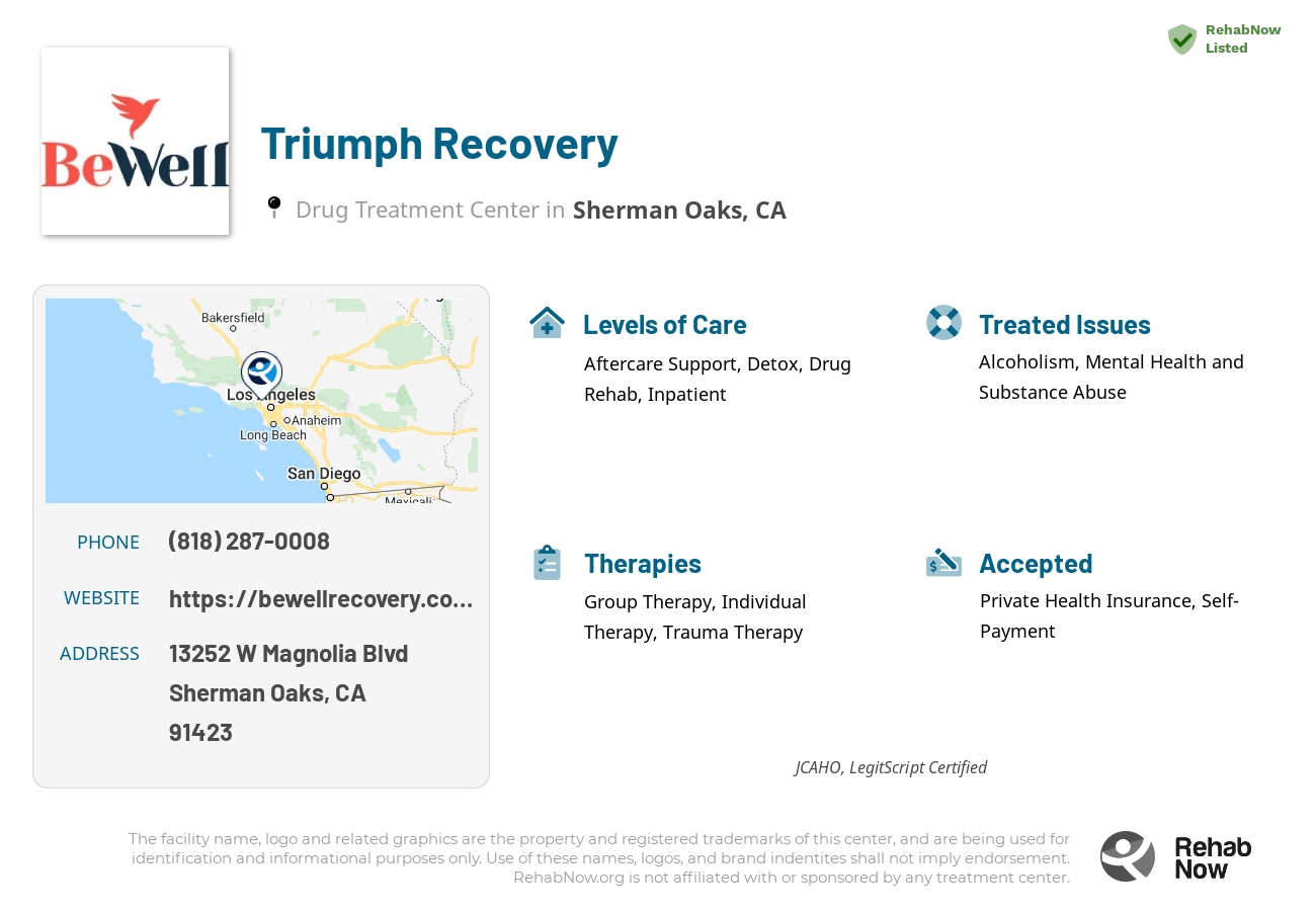 Helpful reference information for Triumph Recovery, a drug treatment center in California located at: 13252 W Magnolia Blvd, Sherman Oaks, CA, 91423, including phone numbers, official website, and more. Listed briefly is an overview of Levels of Care, Therapies Offered, Issues Treated, and accepted forms of Payment Methods.