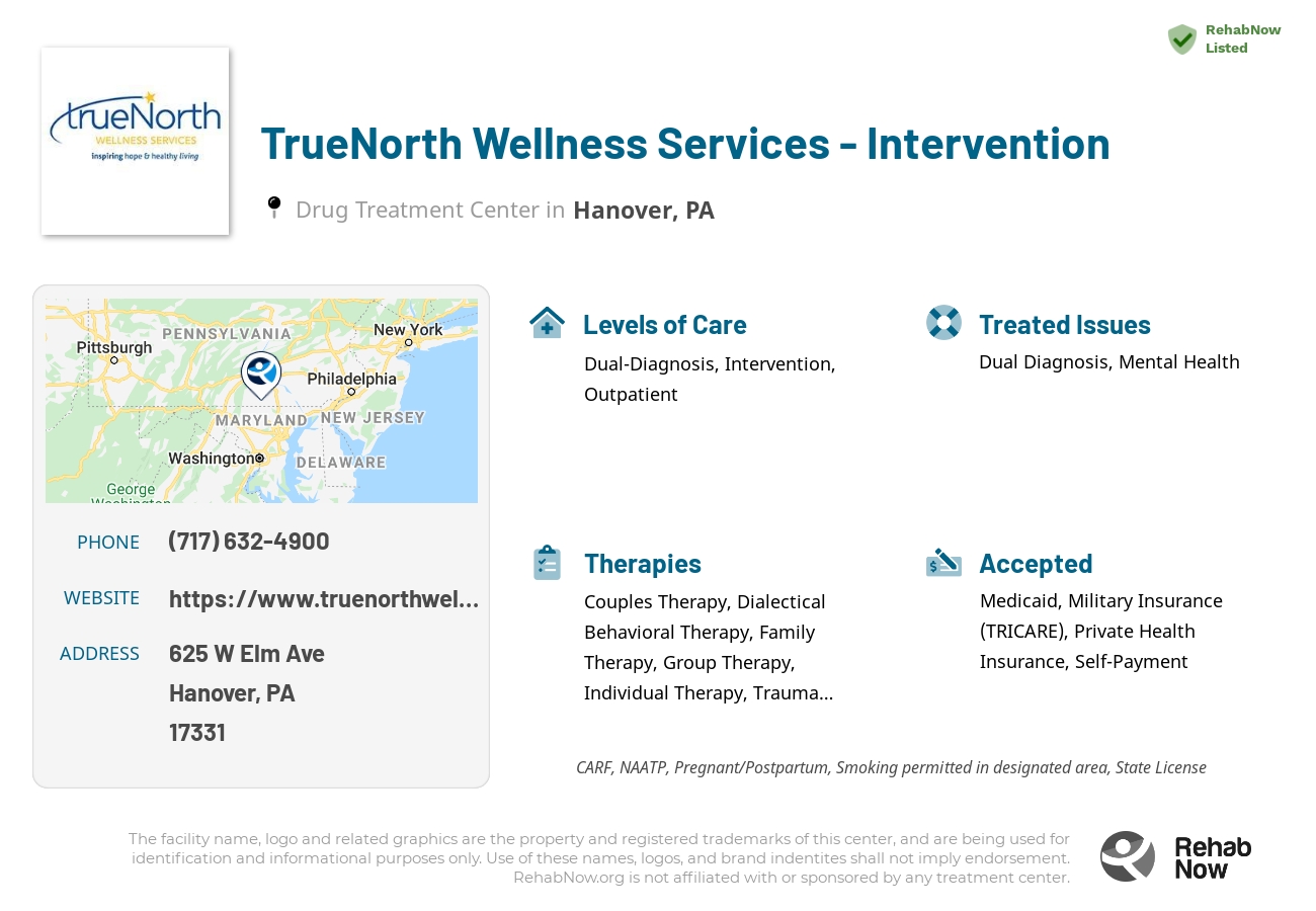 Helpful reference information for TrueNorth Wellness Services - Intervention, a drug treatment center in Pennsylvania located at: 625 W Elm Ave, Hanover, PA 17331, including phone numbers, official website, and more. Listed briefly is an overview of Levels of Care, Therapies Offered, Issues Treated, and accepted forms of Payment Methods.