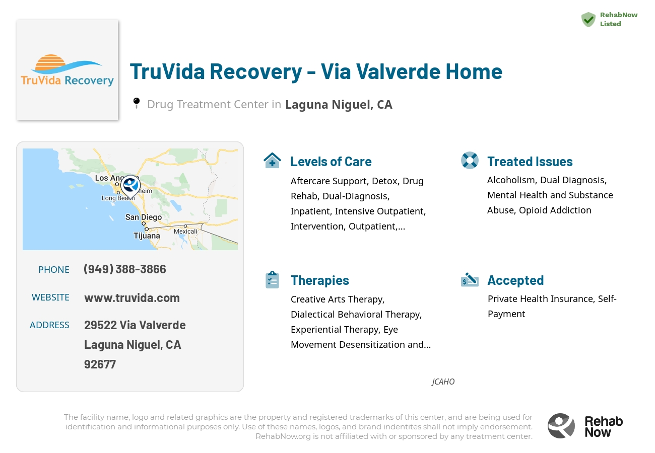 Helpful reference information for TruVida Recovery - Via Valverde Home, a drug treatment center in California located at: 29522 Via Valverde, Laguna Niguel, CA, 92677, including phone numbers, official website, and more. Listed briefly is an overview of Levels of Care, Therapies Offered, Issues Treated, and accepted forms of Payment Methods.