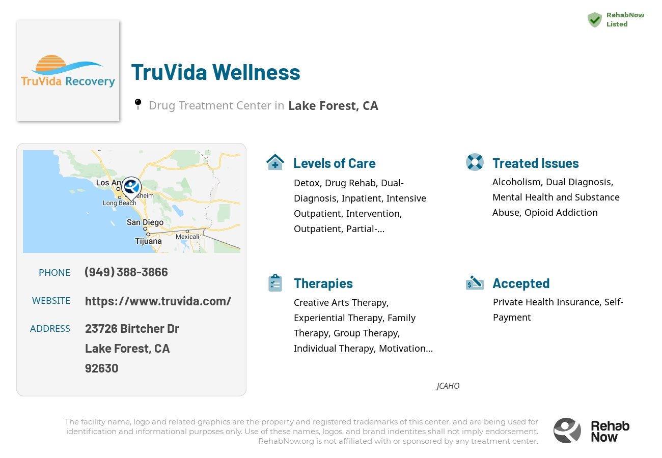 Helpful reference information for TruVida Wellness, a drug treatment center in California located at: 23726 Birtcher Dr, Lake Forest, CA 92630, including phone numbers, official website, and more. Listed briefly is an overview of Levels of Care, Therapies Offered, Issues Treated, and accepted forms of Payment Methods.