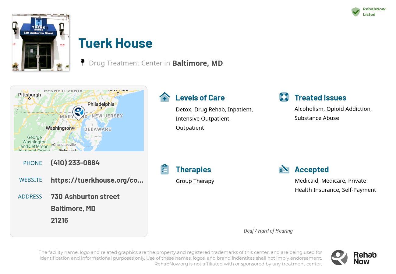Helpful reference information for Tuerk House, a drug treatment center in Maryland located at: 730 Ashburton street, Baltimore, MD, 21216, including phone numbers, official website, and more. Listed briefly is an overview of Levels of Care, Therapies Offered, Issues Treated, and accepted forms of Payment Methods.