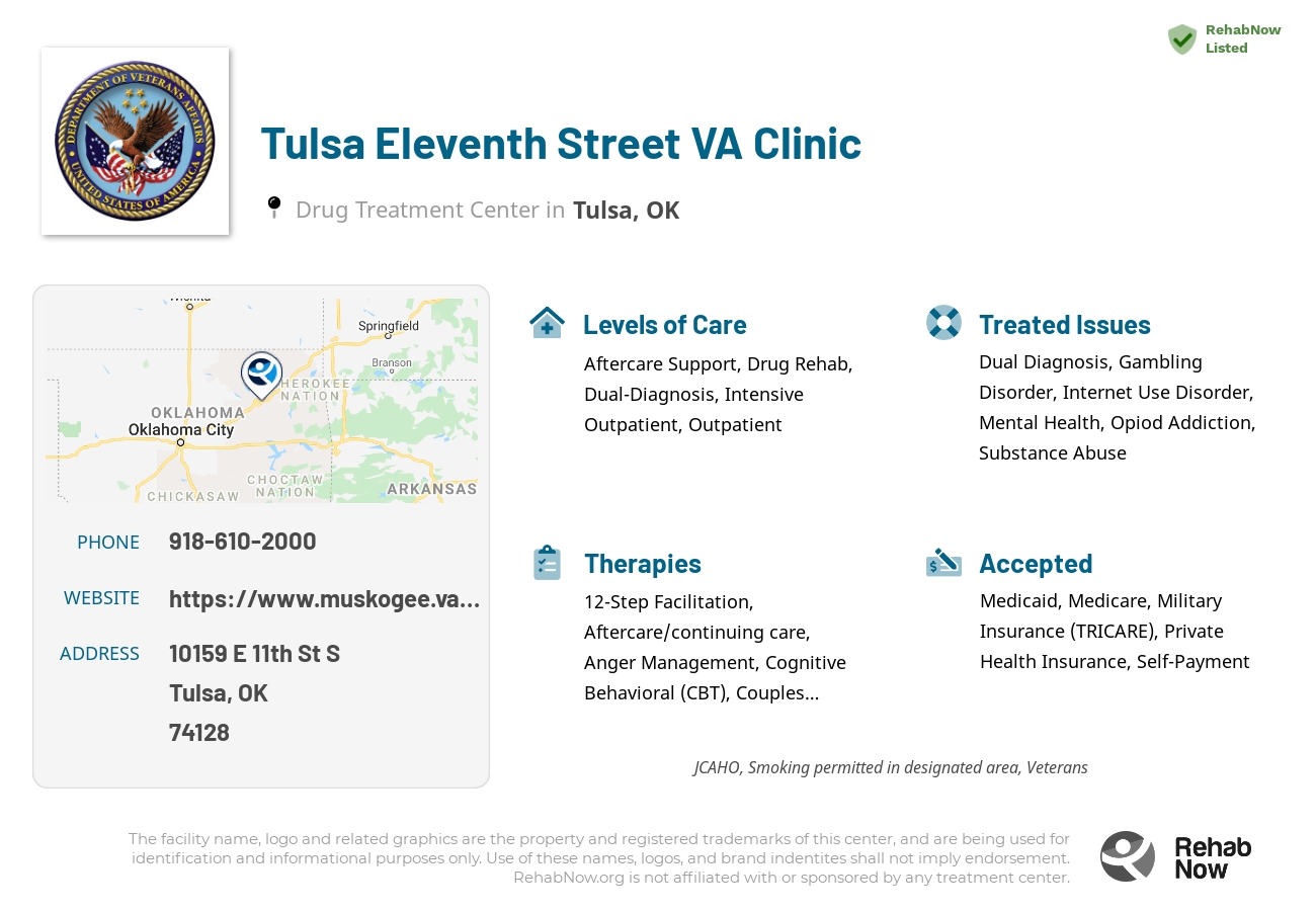 Helpful reference information for Tulsa Eleventh Street VA Clinic, a drug treatment center in Oklahoma located at: 10159 E 11th St S, Tulsa, OK 74128, including phone numbers, official website, and more. Listed briefly is an overview of Levels of Care, Therapies Offered, Issues Treated, and accepted forms of Payment Methods.