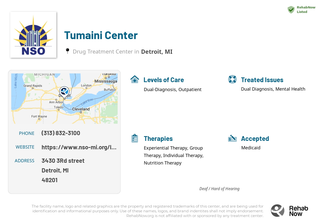 Helpful reference information for Tumaini Center, a drug treatment center in Michigan located at: 3430 3430 3Rd street, Detroit, MI 48201, including phone numbers, official website, and more. Listed briefly is an overview of Levels of Care, Therapies Offered, Issues Treated, and accepted forms of Payment Methods.