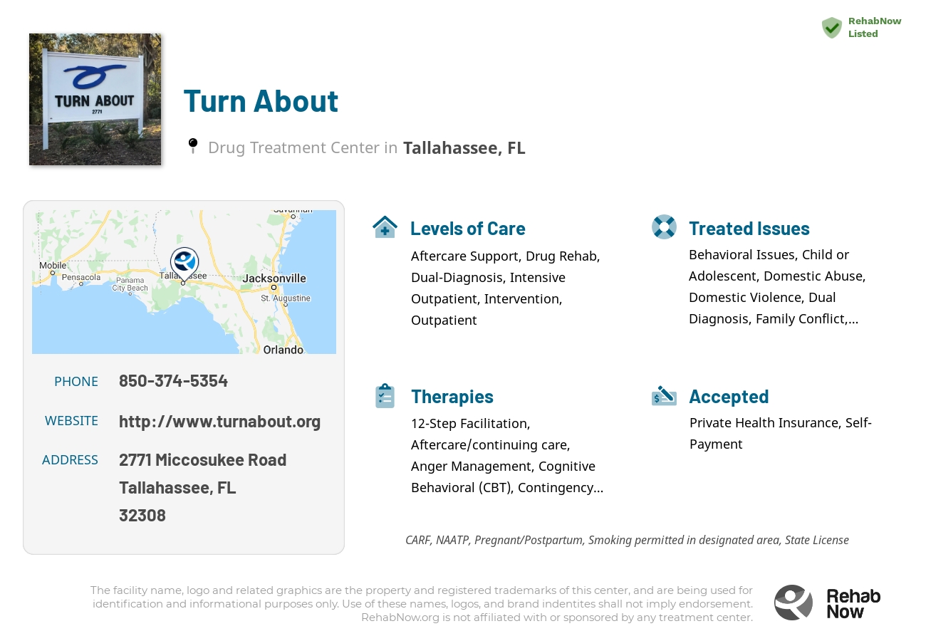 Helpful reference information for Turn About, a drug treatment center in Florida located at: 2771 Miccosukee Road, Tallahassee, FL 32308, including phone numbers, official website, and more. Listed briefly is an overview of Levels of Care, Therapies Offered, Issues Treated, and accepted forms of Payment Methods.