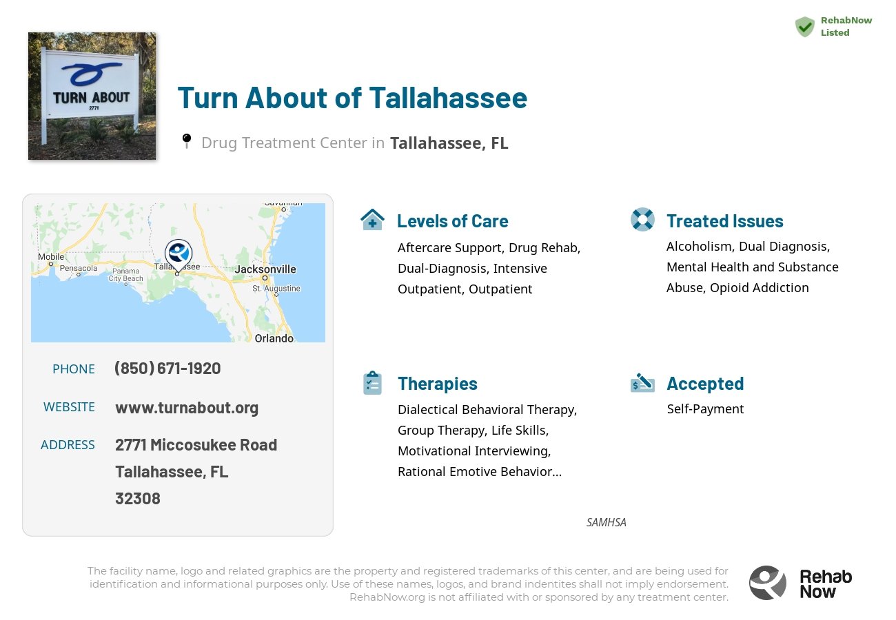 Helpful reference information for Turn About of Tallahassee, a drug treatment center in Florida located at: 2771 Miccosukee Road, Tallahassee, FL, 32308, including phone numbers, official website, and more. Listed briefly is an overview of Levels of Care, Therapies Offered, Issues Treated, and accepted forms of Payment Methods.