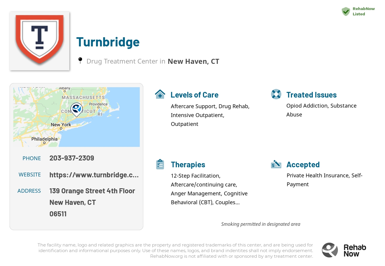 Helpful reference information for Turnbridge, a drug treatment center in Connecticut located at: 139 Orange Street 4th Floor, New Haven, CT 06511, including phone numbers, official website, and more. Listed briefly is an overview of Levels of Care, Therapies Offered, Issues Treated, and accepted forms of Payment Methods.