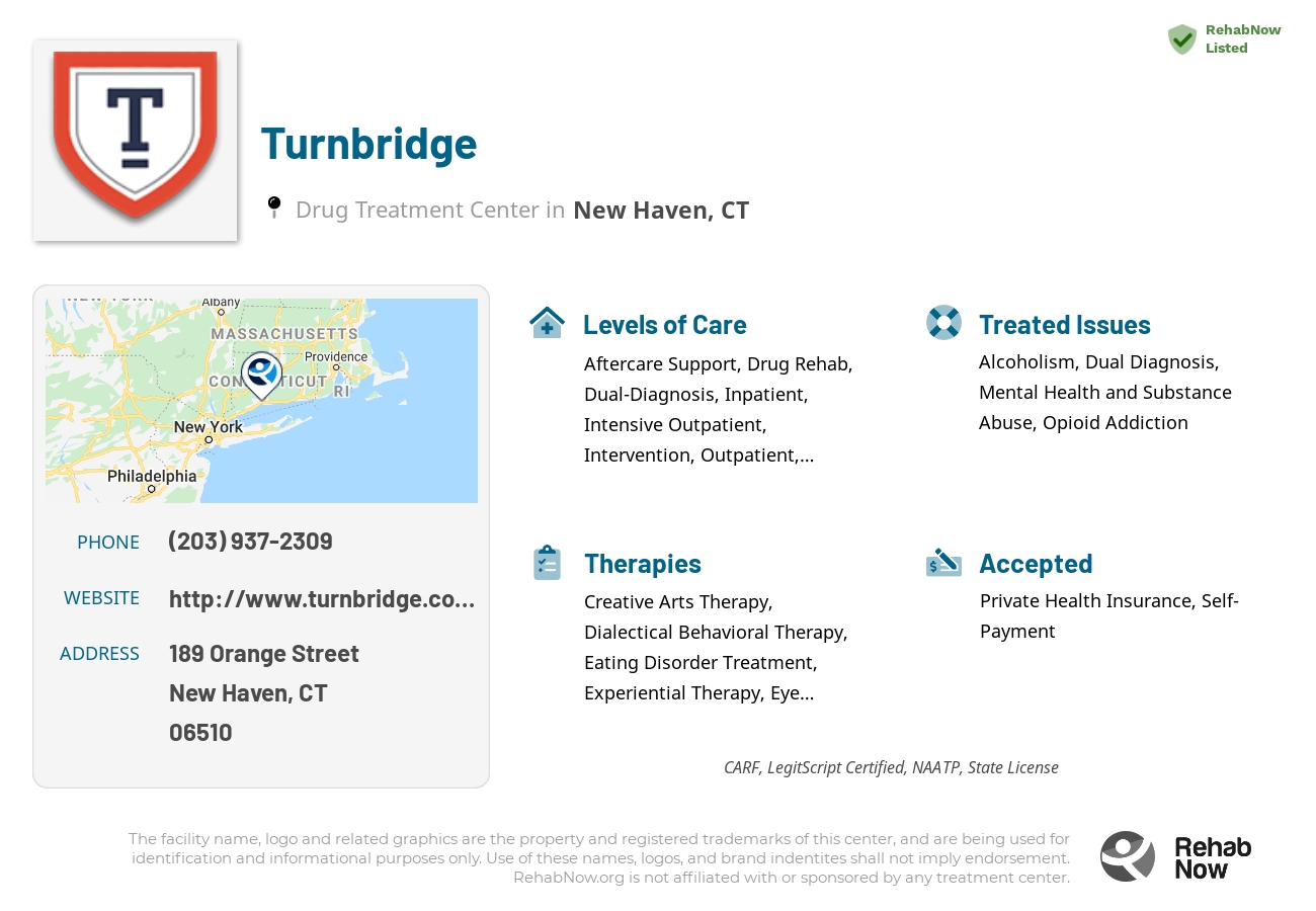 Helpful reference information for Turnbridge, a drug treatment center in Connecticut located at: 189 Orange Street, New Haven, CT, 06510, including phone numbers, official website, and more. Listed briefly is an overview of Levels of Care, Therapies Offered, Issues Treated, and accepted forms of Payment Methods.