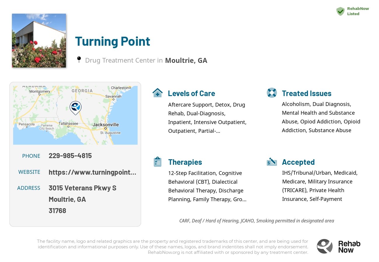 Helpful reference information for Turning Point, a drug treatment center in Georgia located at: 3015 Veterans Pkwy S, Moultrie, GA 31768, including phone numbers, official website, and more. Listed briefly is an overview of Levels of Care, Therapies Offered, Issues Treated, and accepted forms of Payment Methods.