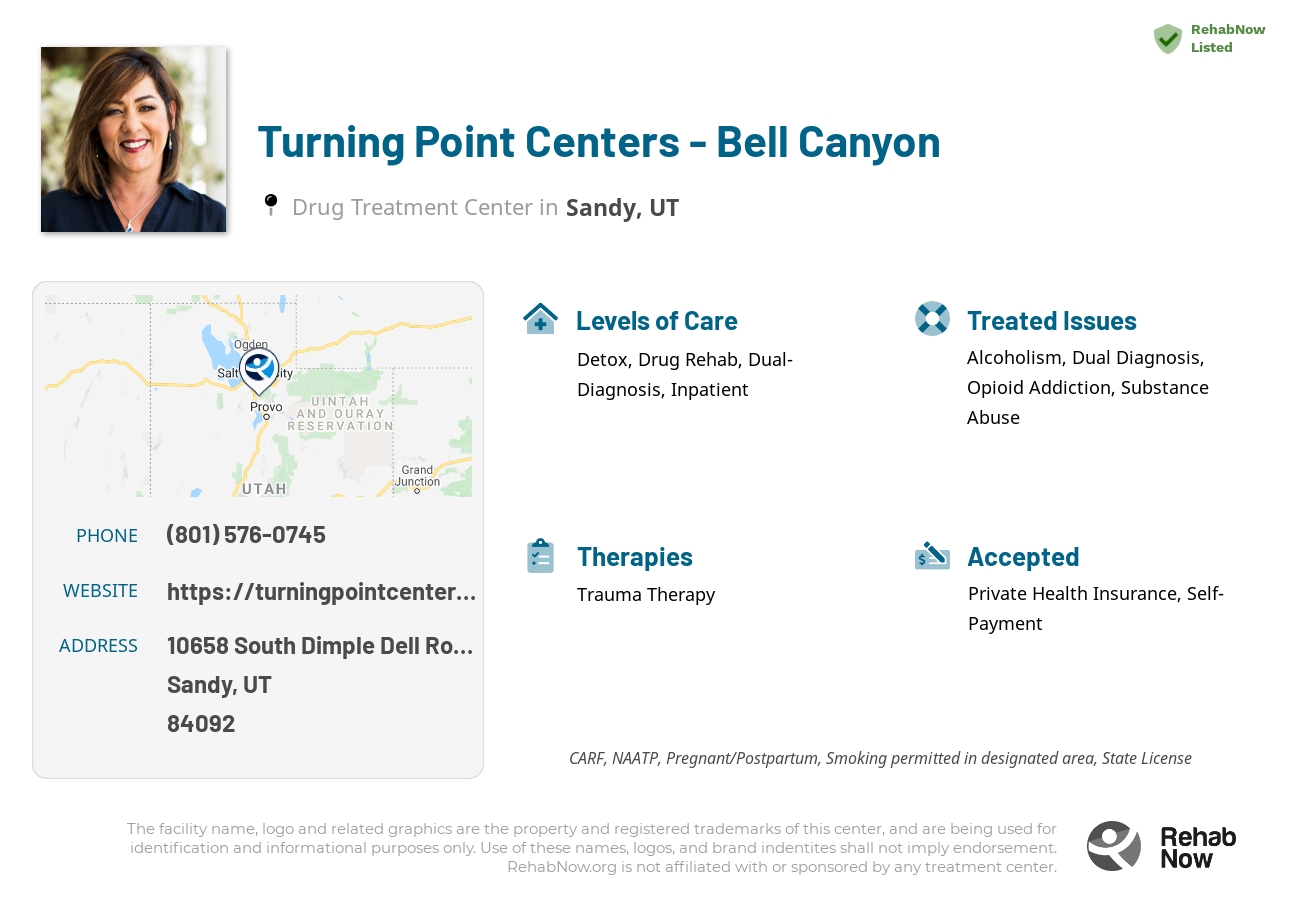 Helpful reference information for Turning Point Centers - Bell Canyon, a drug treatment center in Utah located at: 10658 10658 South Dimple Dell Road, Sandy, UT 84092, including phone numbers, official website, and more. Listed briefly is an overview of Levels of Care, Therapies Offered, Issues Treated, and accepted forms of Payment Methods.