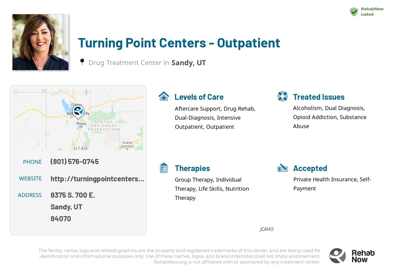 Helpful reference information for Turning Point Centers - Outpatient, a drug treatment center in Utah located at: 8375 8375 S. 700 E., Sandy, UT 84070, including phone numbers, official website, and more. Listed briefly is an overview of Levels of Care, Therapies Offered, Issues Treated, and accepted forms of Payment Methods.