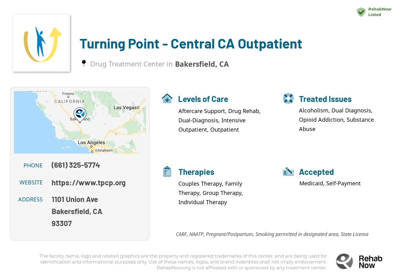 Helpful reference information for Turning Point - Central CA Outpatient, a drug treatment center in California located at: 1101 Union Ave, Bakersfield, CA 93307, including phone numbers, official website, and more. Listed briefly is an overview of Levels of Care, Therapies Offered, Issues Treated, and accepted forms of Payment Methods.