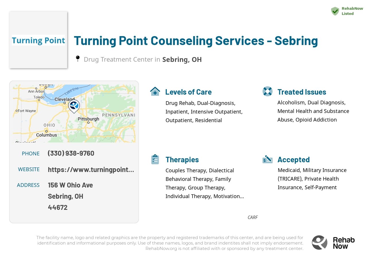 Helpful reference information for Turning Point Counseling Services - Sebring, a drug treatment center in Ohio located at: 156 W Ohio Ave, Sebring, OH 44672, including phone numbers, official website, and more. Listed briefly is an overview of Levels of Care, Therapies Offered, Issues Treated, and accepted forms of Payment Methods.