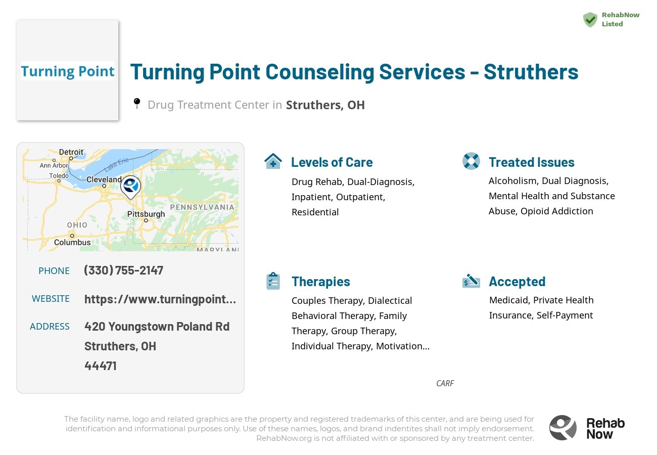 Helpful reference information for Turning Point Counseling Services - Struthers, a drug treatment center in Ohio located at: 420 Youngstown Poland Rd, Struthers, OH 44471, including phone numbers, official website, and more. Listed briefly is an overview of Levels of Care, Therapies Offered, Issues Treated, and accepted forms of Payment Methods.