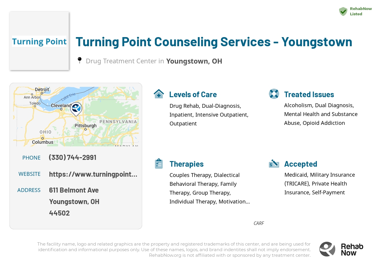 Helpful reference information for Turning Point Counseling Services - Youngstown, a drug treatment center in Ohio located at: 611 Belmont Ave, Youngstown, OH 44502, including phone numbers, official website, and more. Listed briefly is an overview of Levels of Care, Therapies Offered, Issues Treated, and accepted forms of Payment Methods.