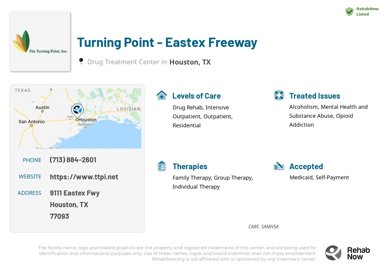 Helpful reference information for Turning Point - Eastex Freeway, a drug treatment center in Texas located at: 9111 Eastex Fwy, Houston, TX 77093, including phone numbers, official website, and more. Listed briefly is an overview of Levels of Care, Therapies Offered, Issues Treated, and accepted forms of Payment Methods.