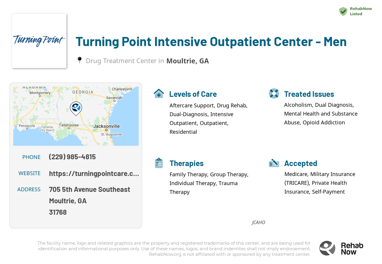 Helpful reference information for Turning Point Intensive Outpatient Center - Men, a drug treatment center in Georgia located at: 705 705 5th Avenue Southeast, Moultrie, GA 31768, including phone numbers, official website, and more. Listed briefly is an overview of Levels of Care, Therapies Offered, Issues Treated, and accepted forms of Payment Methods.