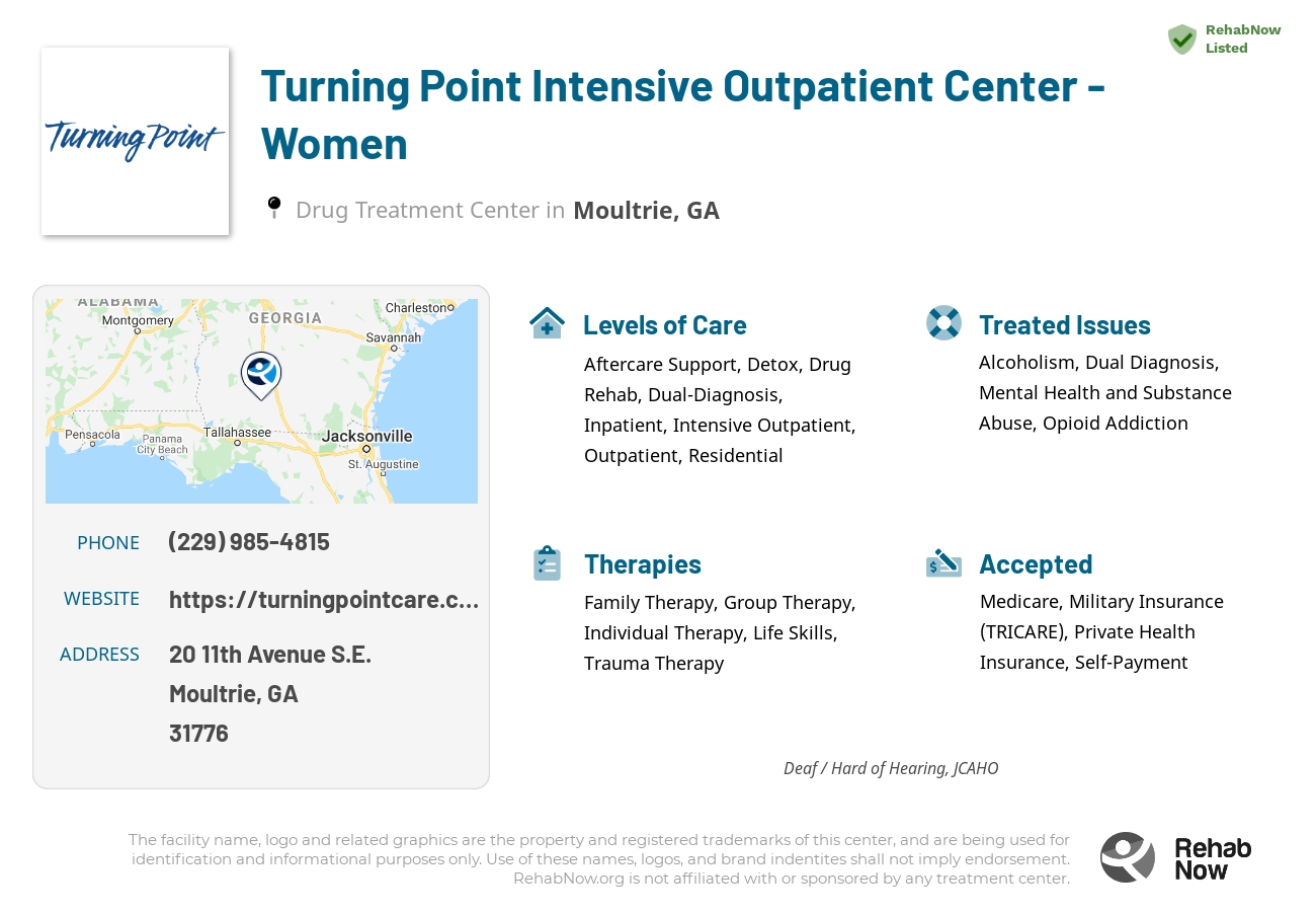 Helpful reference information for Turning Point Intensive Outpatient Center - Women, a drug treatment center in Georgia located at: 20 20 11th Avenue S.E., Moultrie, GA 31776, including phone numbers, official website, and more. Listed briefly is an overview of Levels of Care, Therapies Offered, Issues Treated, and accepted forms of Payment Methods.