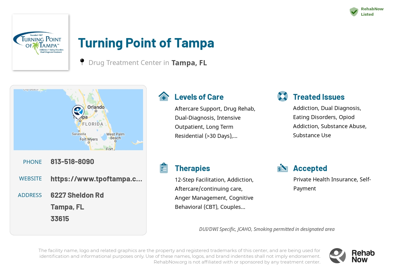 Helpful reference information for Turning Point of Tampa, a drug treatment center in Florida located at: 6227 Sheldon Rd, Tampa, FL 33615, including phone numbers, official website, and more. Listed briefly is an overview of Levels of Care, Therapies Offered, Issues Treated, and accepted forms of Payment Methods.